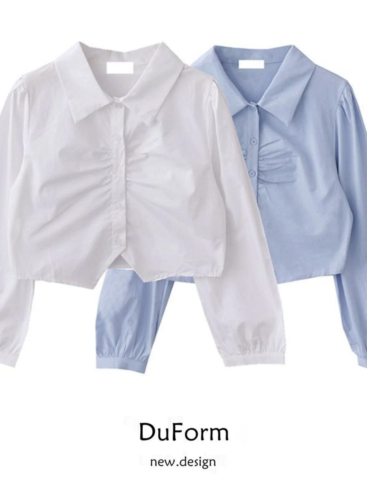 

Белая женская рубашка с длинным рукавом, укороченная, с рукавами-фонариками, в корейском стиле, однотонная, приталенная, для офиса