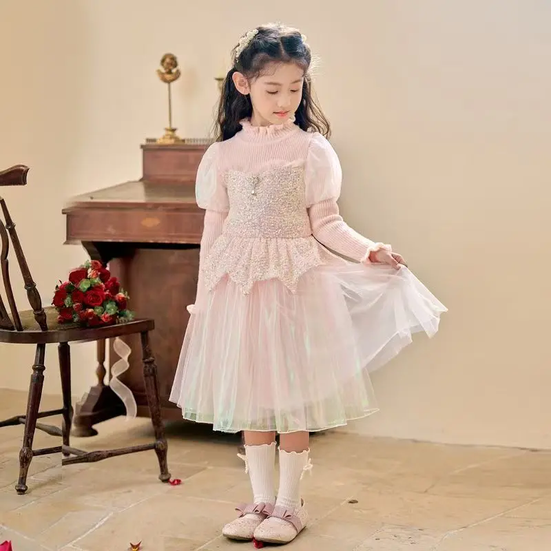 Girls\' Dress Autumn and Winter Fashionable Princess Dress Bow Woolen Skirt Girls Sequins Tulle Skirt