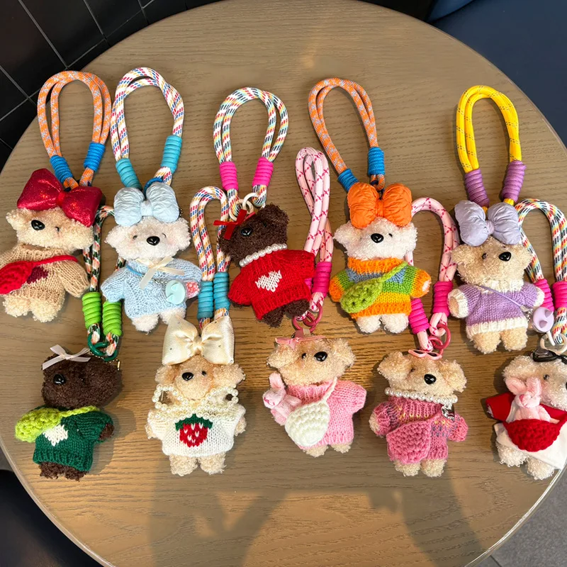 Schattige strik teddyhond knuffel sleutelhanger meisje rugzak cartoon dier pop hanger auto hangende decoratie kerst verjaardagscadeau