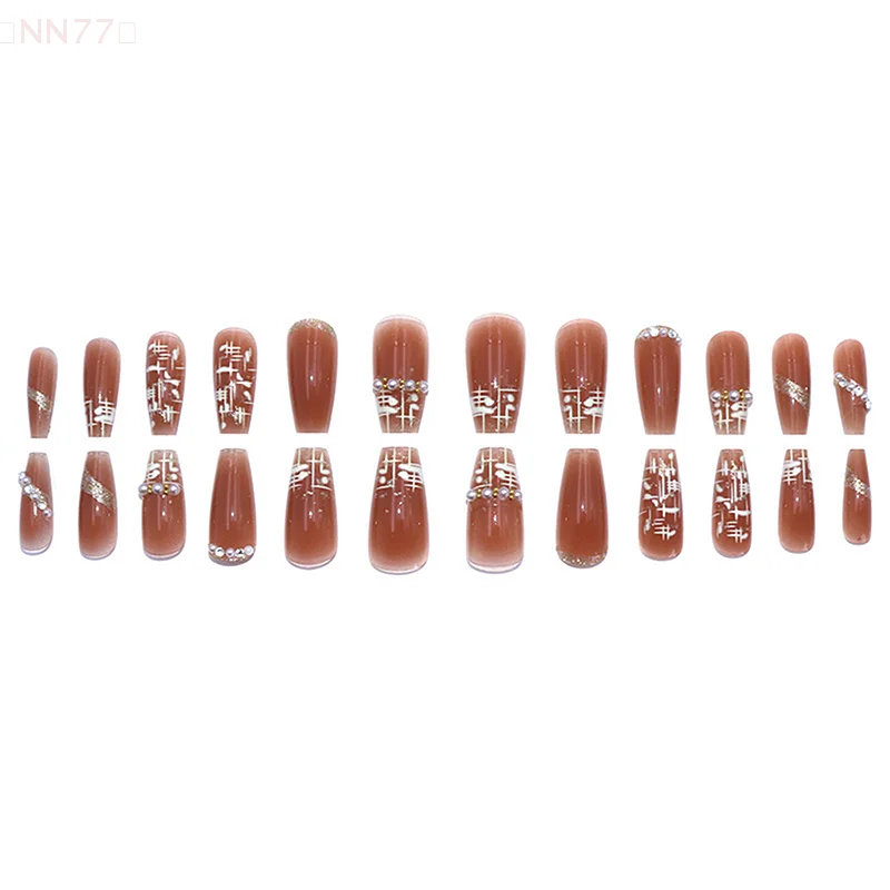 24 قطعة من أظافر التابوت بالضغط على الأظافر للخريف والشتاء، أظافر صناعية لامعة ماسية لامعة على الأظافر، فن أظافر فرنسي