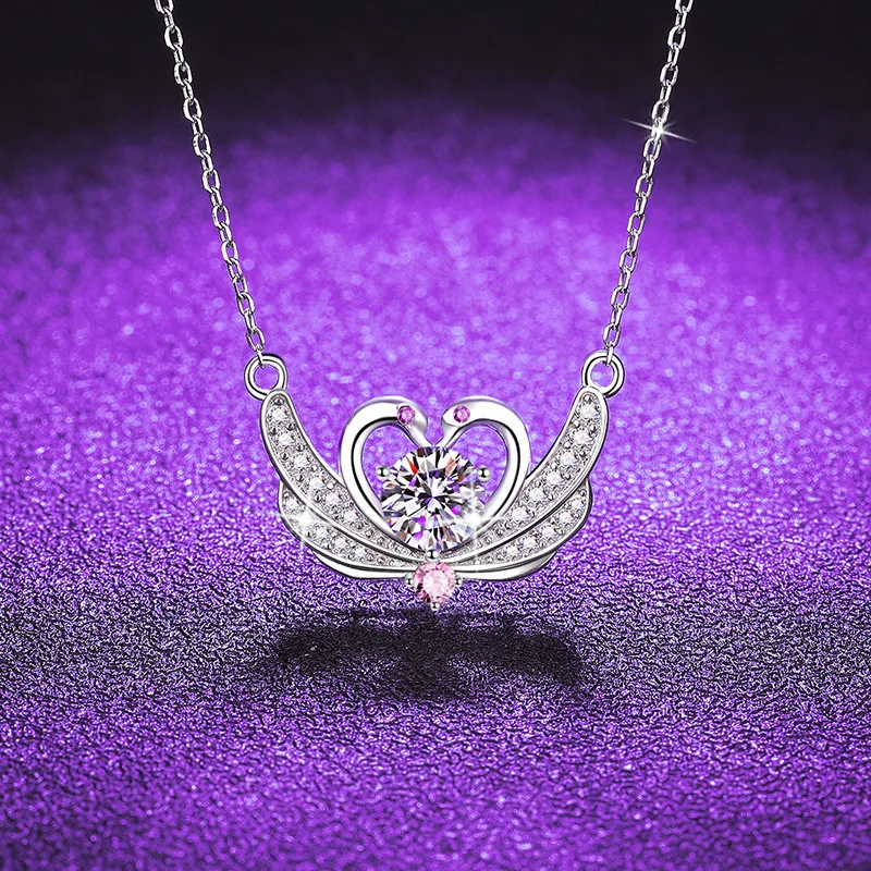 

S925 Silver White Gold Plated 1CT D Color Moissanite Swan Love Pendant Necklace for Women, Exquisite Jewelry.