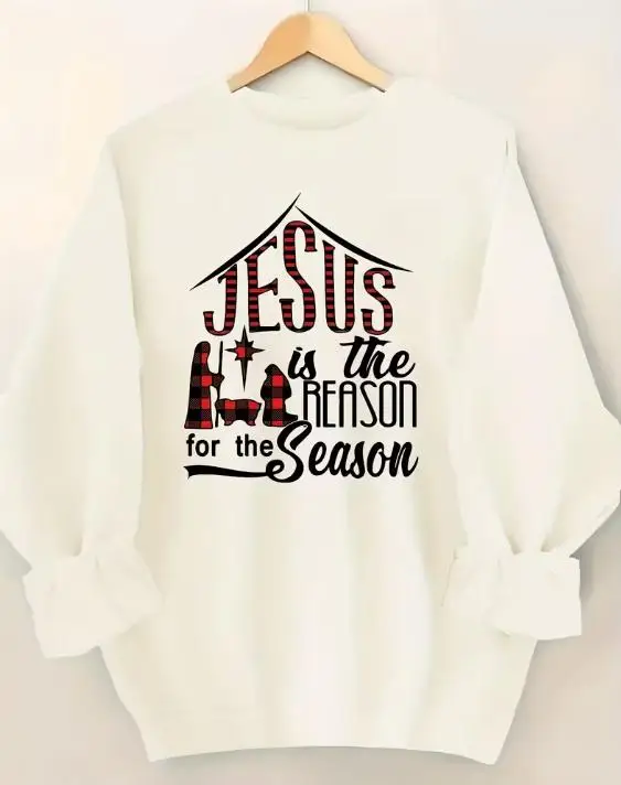 Jesus Is The Reason for The Season Printed Womens Sweatshirt Traditional Church Xmas Party Clothes Casual Long Sleeve Pullover Cozy Faith Gifts Top Ladies Crewneck