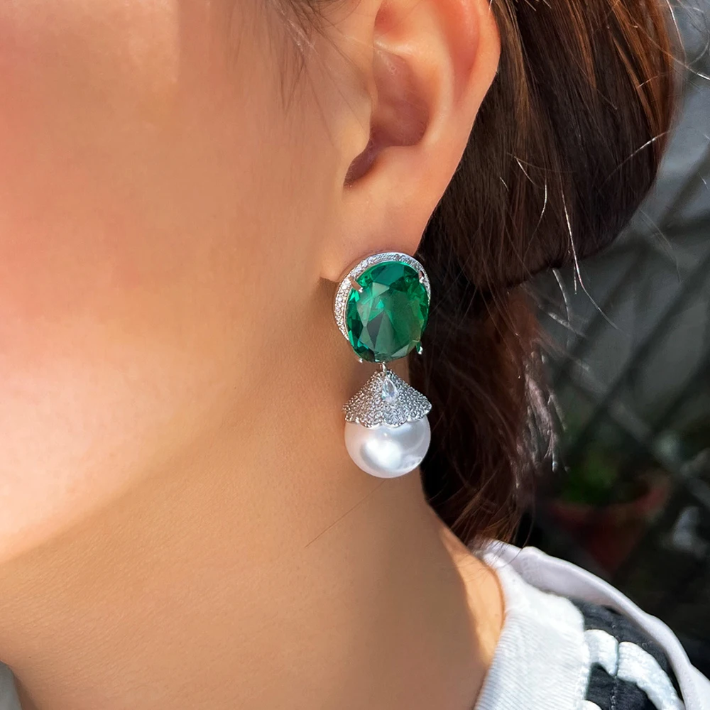 ThreeGraces Elegant Green Cubic Zirconia Big Simulated Pearl Drop Earrings for Women Luxury Bridal Wedding Party Jewelry E1933