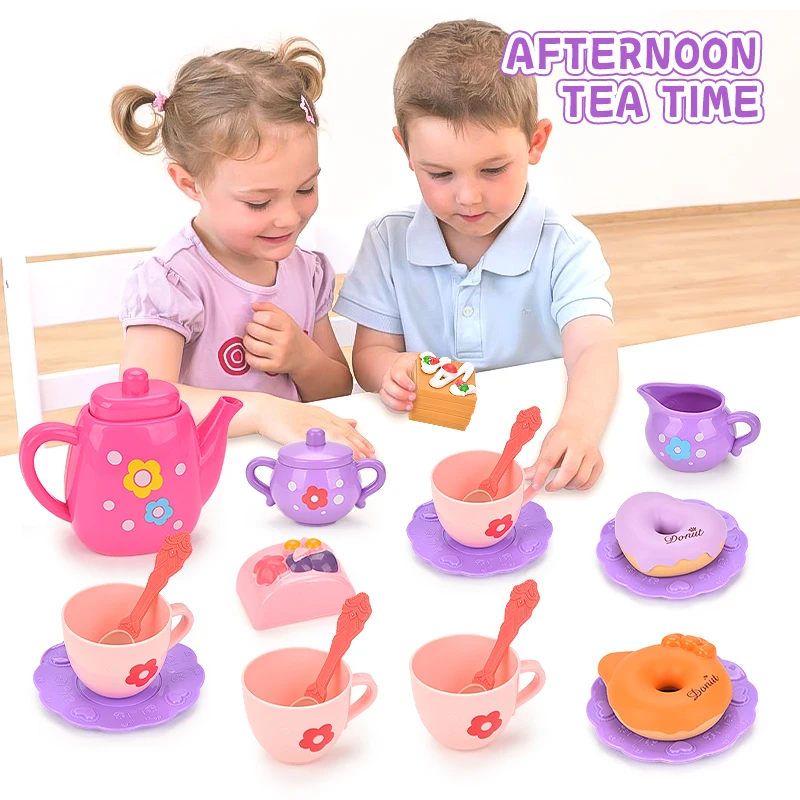 Juego de fiesta de té para niñas pequeñas, 27 Uds., juguetes de princesa para el tiempo del té, incluye juego de té, estuche de postre, juego de cocina para niños