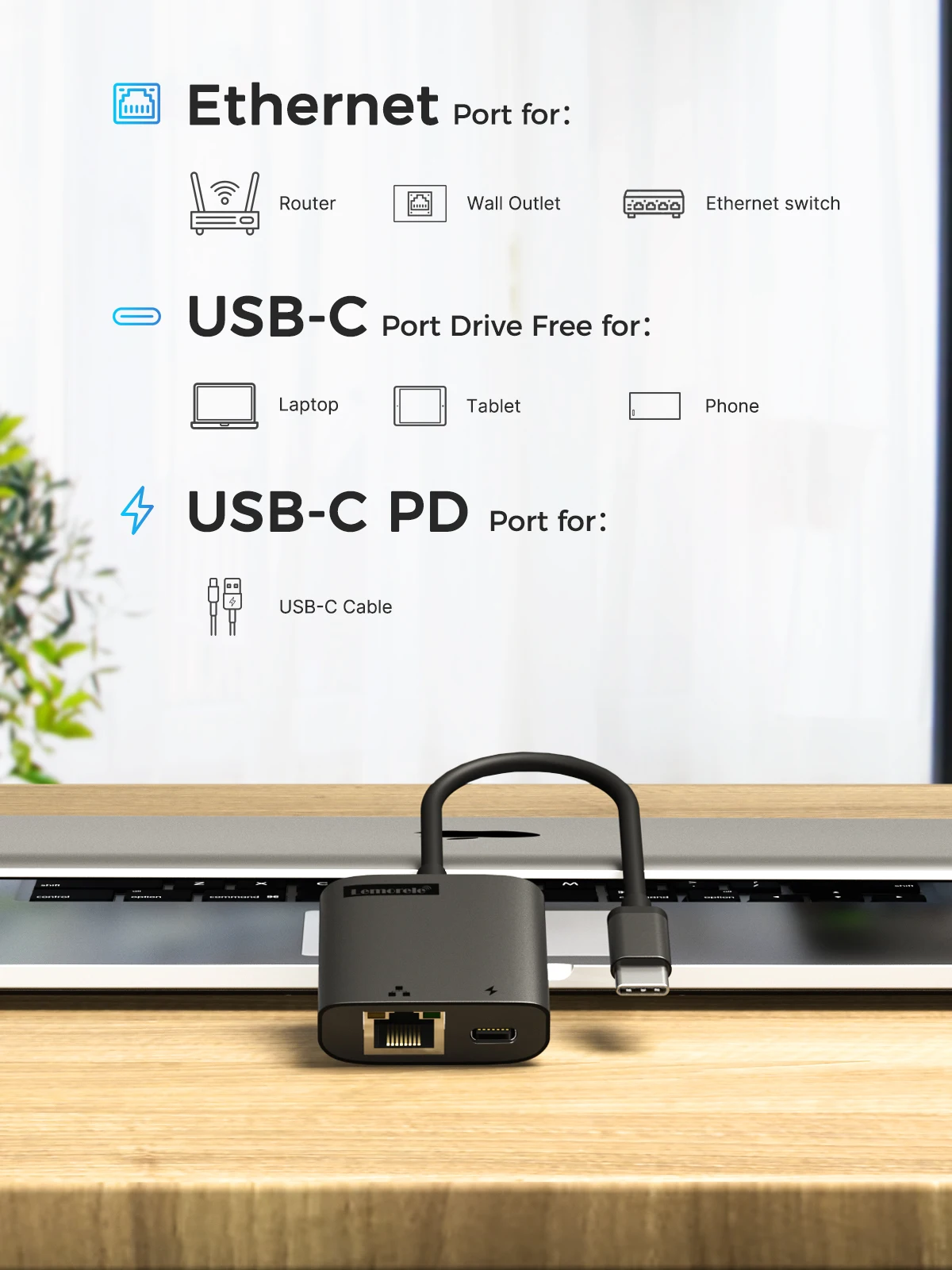 Lemorele USB-C Adapter Gigabit RJ45 z PD 3.0 passhthrough Hub USB C RJ45 Gigabit Ethernet prędkości do laptopa