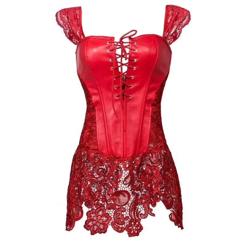 Leather Lace Corset Dress Lace up Zipper Waist Trainer Bustier Overbust Body Shaper Sexy Women Lingerie Plus Size