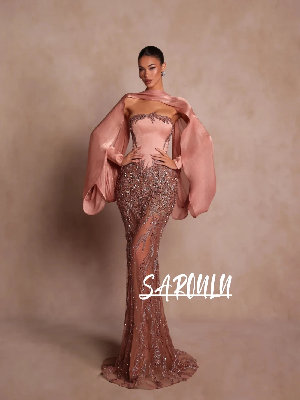 Elegant Blush Pink Strapless Mermaid Evening Gown Beaded Sexy Sheer Tulle Skirt & Detachable Organza Cape Customized Prom Dress