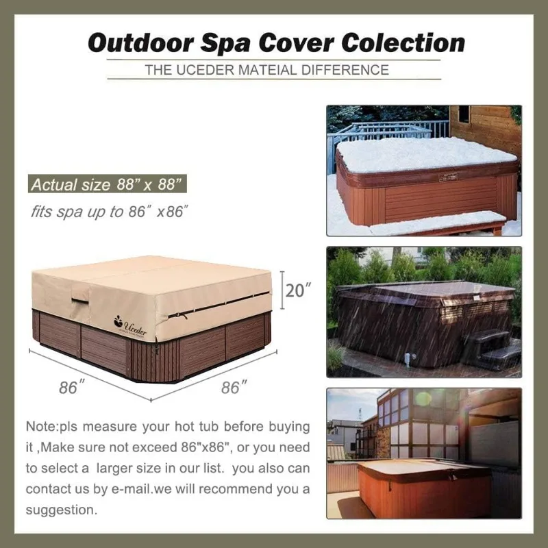 Waterproof Hot Tub Cover -Outdoor Spa Cover Cap(Actual Size 88''x88 x20'' Fit 86''x86 x 20'') 600D Heavy Duty Polyester Hot Tub