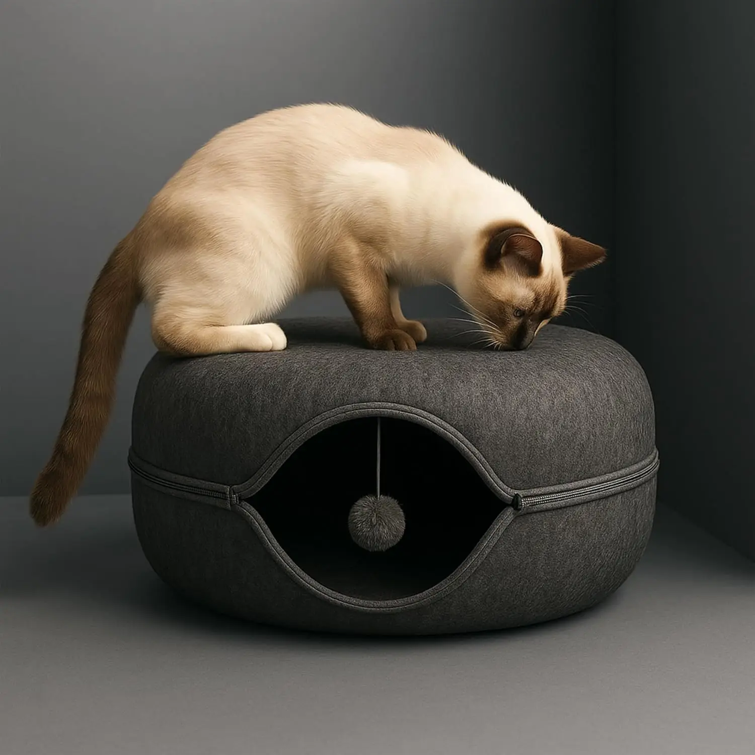 

Cat Tunnel Bed – 24" Donut Cave with Hanging Toy, 2-in-1 for Cats up to 45 lbs – Dark Gray