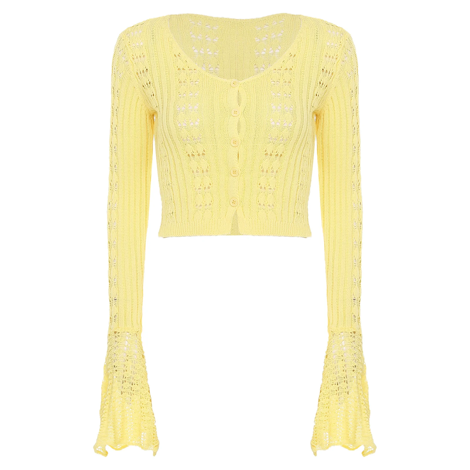 

Women Fashion Color Long Flared Sleeves V-neck Short Hollow Button Closure Knitted Cardigan Sweater Tops for Party Casual Daily