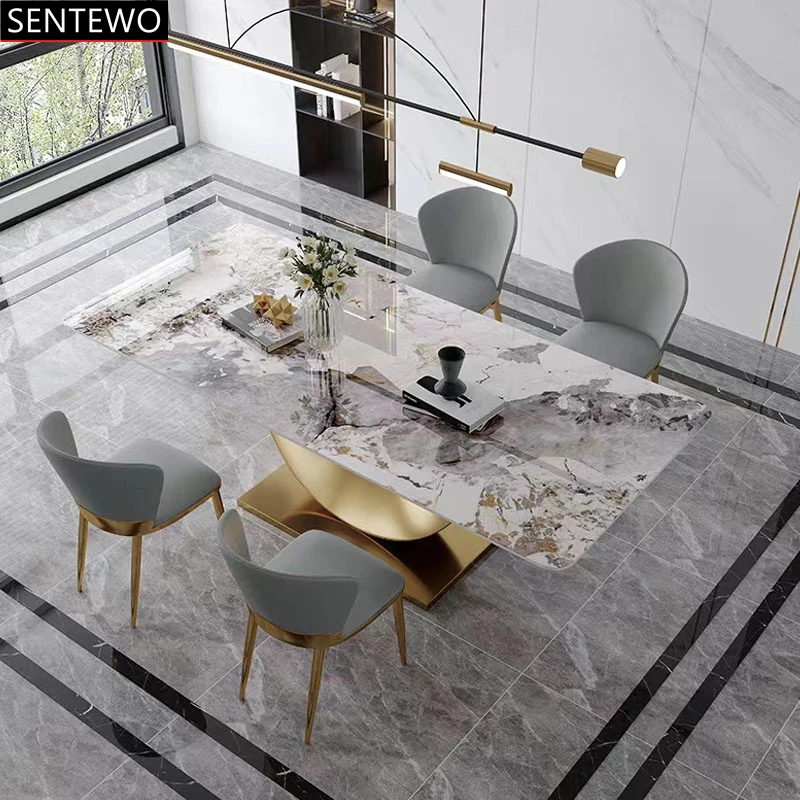 Designer Luxury Marble Rock Slab dining table set 4 chairs mesa tavolo pranzo furniture comedor marbre Stainless steel gold base