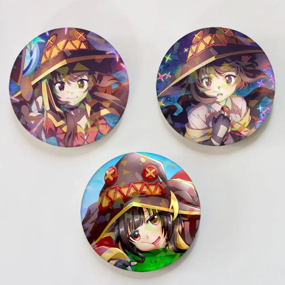 Insignias de Anime Megumin K-Konosuba, Insignia Redonda con Láser, Broche, Accesorios para Mochila