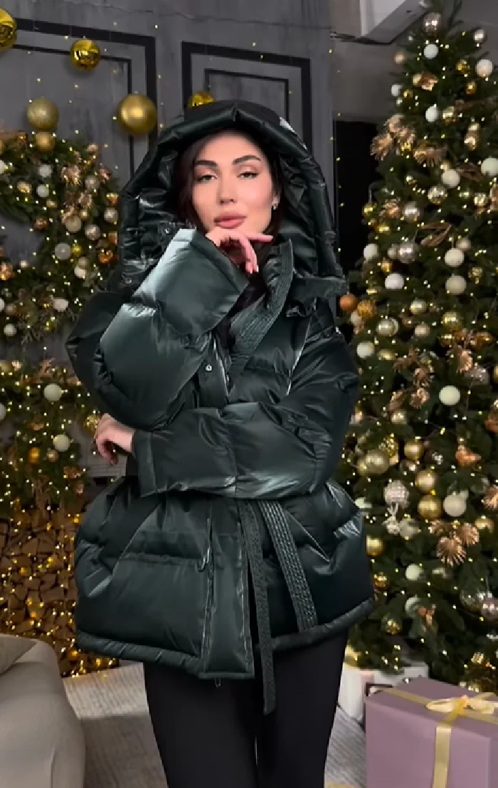 المرأة لامعة الخريف الشتاء مقنعين القطن وسادة مبطنة فضفاضة طويلة الأكمام الدانتيل يصل معطف دافئ 2025 سيدة جديدة موضة ملابس الحفلات #5