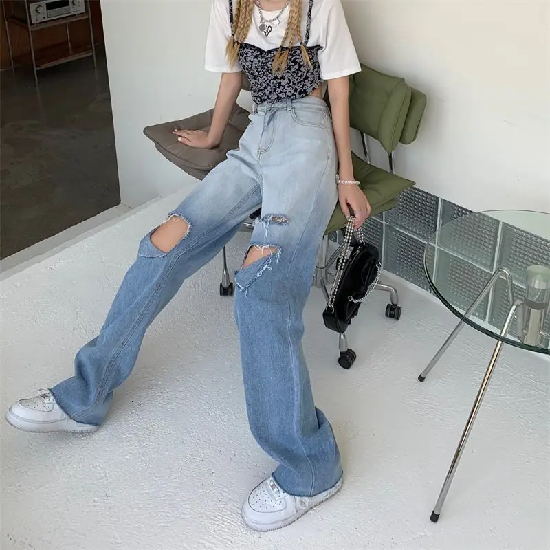 2023 New Gradient Perforated Jeans Women's Loose Design High Waist Wide Leg Pants Versatile Straight Leg Pants