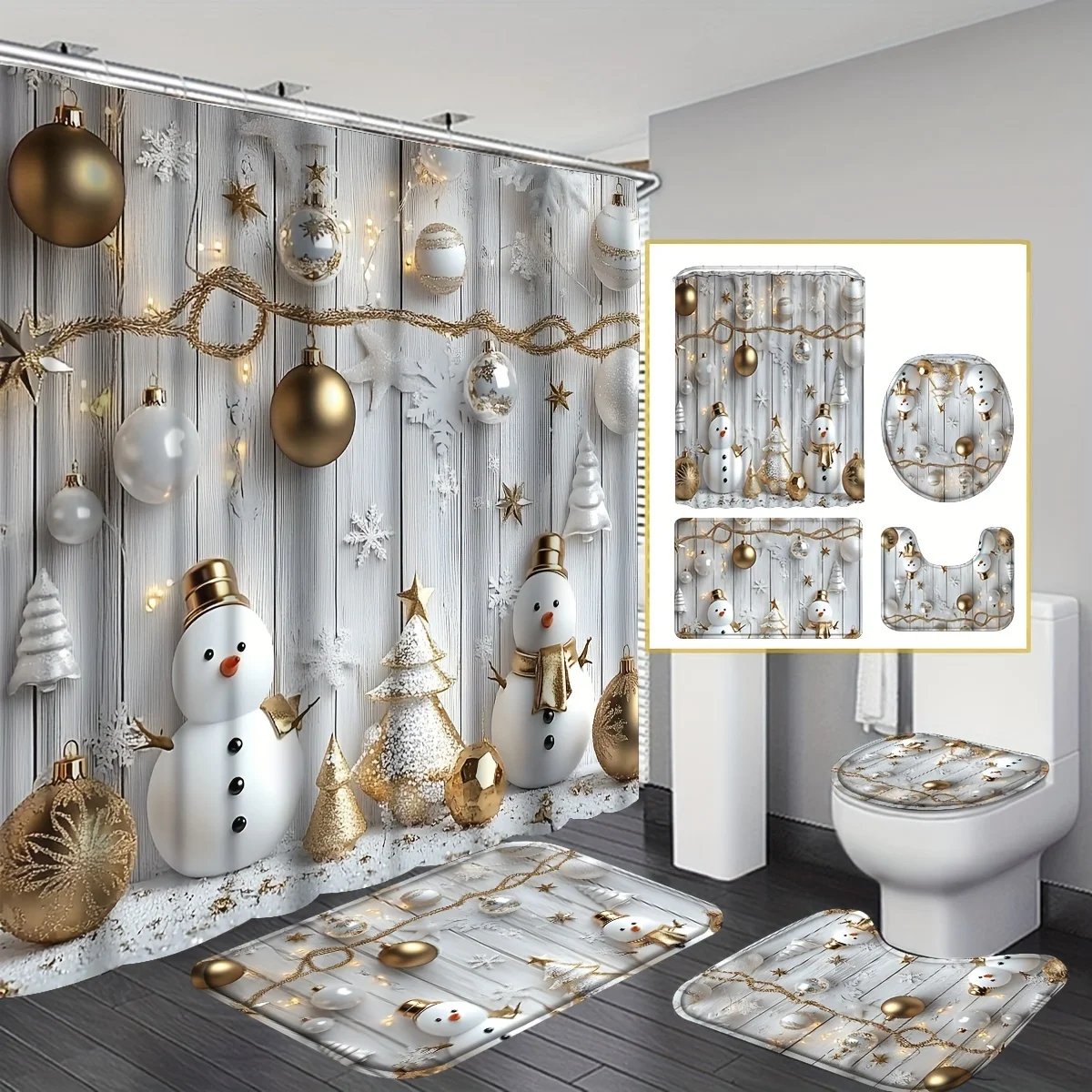 4Pcs Christmas Snowman Shower Curtain Set, Waterproof Machine Washable with 12 Hooks, Non-slip Rugs & Toilet Cover Mat,