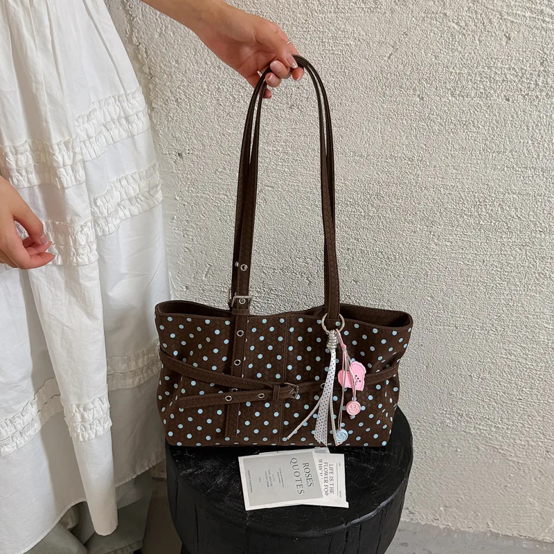 2026 Summer Polka Dot Tote Bag for Schoolgirls Fashion Light Large Capacity Shoulder Handbag Fashion Commute Top Handle Purse
