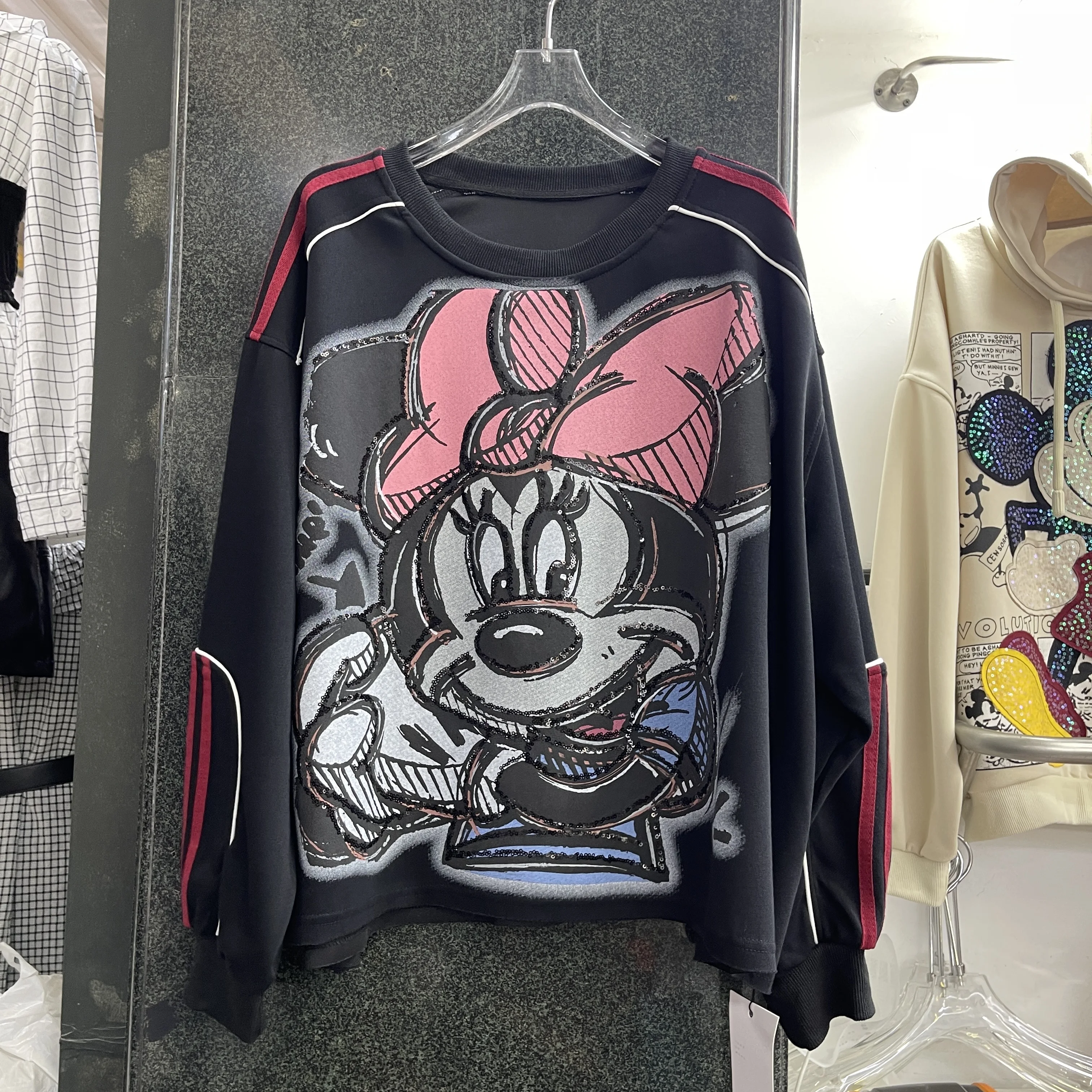 

2025 Autumn New Loose Short Pullover Tops Heavy Retro Letter Cartoon Print Crew Neck Sweatshirt Oversized Hoodies Kawaii Clothes