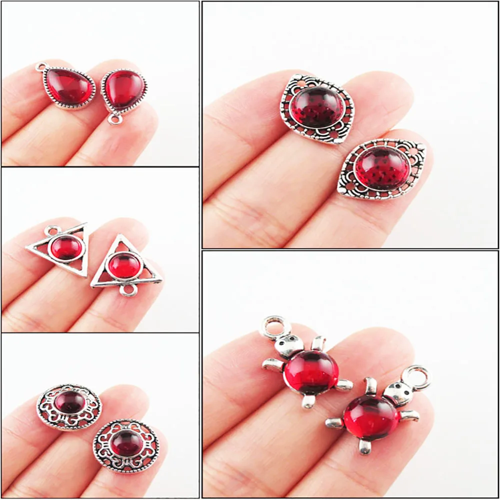 Fashion New Animal Tortoise Eye Triangle Teardrop Charms Round 8mm Red Glaze Tibetan Silver Plated Pendants Retro