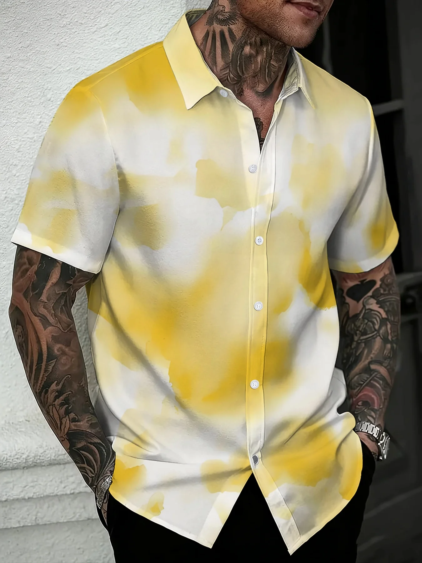Gentle Yellow Ink Wash Mens Shirt, Regular-fit Short-sleeve Button-up Lightweight Shirts for Outdoor Hangouts Daily Going-out