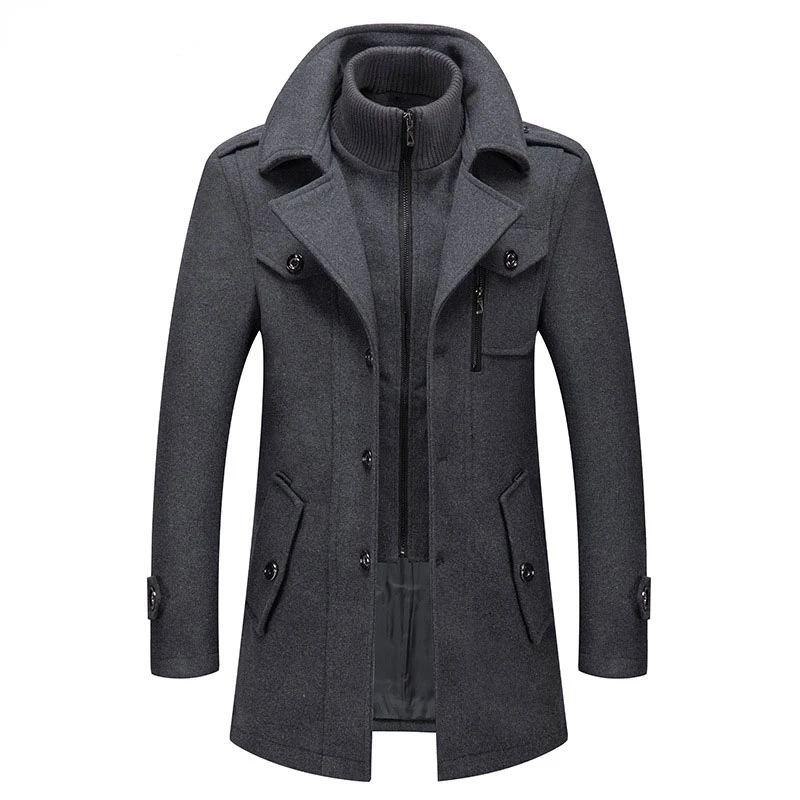 

Fake Two Piece Wool Blend Coat Men 2022 Winter New Mens Cashmere Coat Slim Fit Woolen Peacoat Business Overcoat Windbreaker