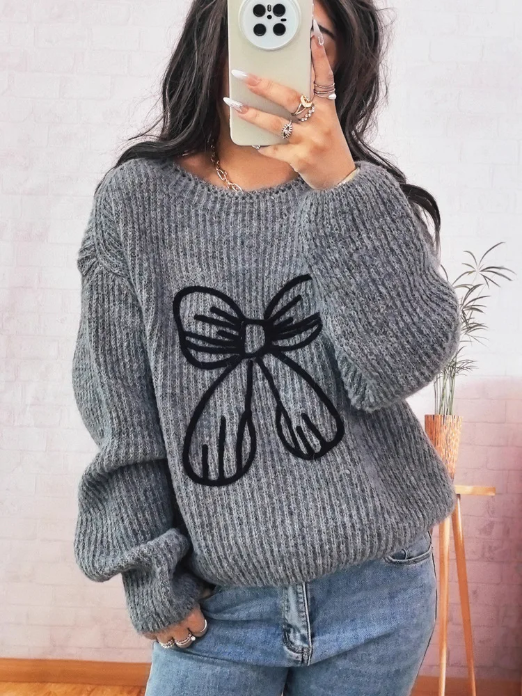 

New In 2025 Women Bow Embroidery Sweater O-neck Pullover Female Autumn Winter Fashion Gray Long Sleeve Knit Sweaters