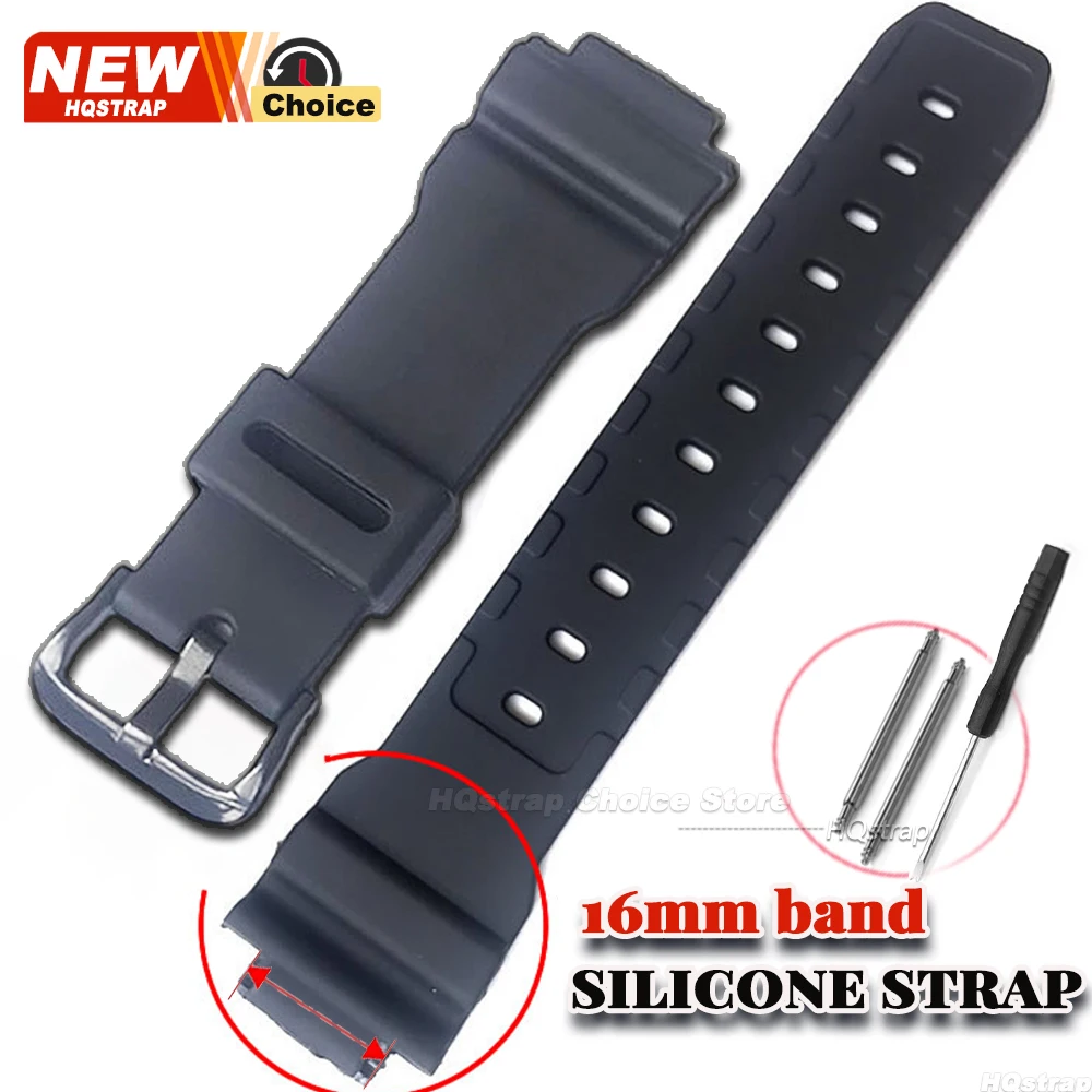Correa de Silicona Convexa de 16 mm para Reloj C-asio, Compatible con DW-9052/9051/9050/004C, Brazalete de Goma Negra, Impermeable, para Hombre y Mujer