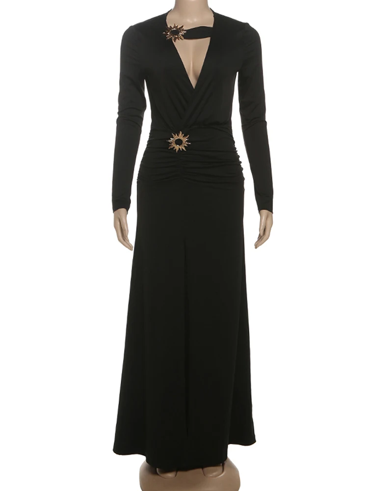 Whatiwear Metall Trim Lange Kleid Frau Unregelmäßige Hohl Volle Hülse Sexy Hohe Splits Mitternacht Prom Party Geraffte Elegante Vestidos