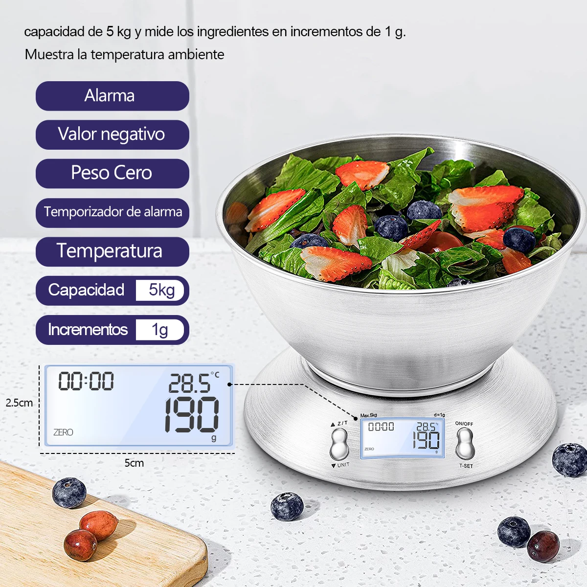 Digital Kitchen Scale High Accuracy 5kg/1g Food Scale With Removable Knead Dough Bowl Room Timer Stainless Steel