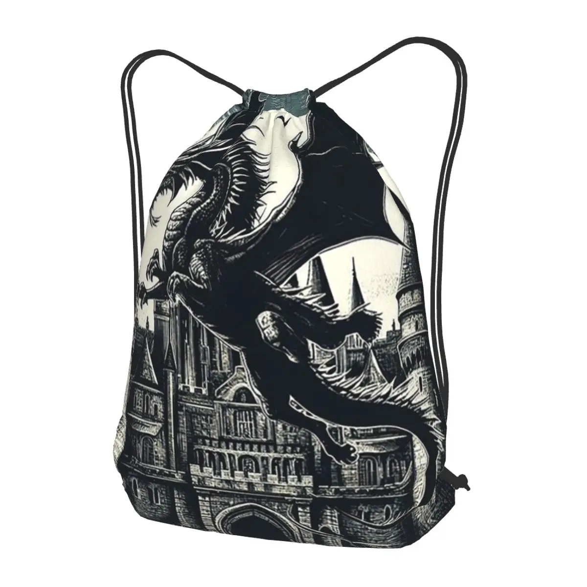 Fantasy Mythical Dragon And Castle Backpacks Portable Drawstring Bundle Pocket Storage Bag Book Bags for Man Woman Students