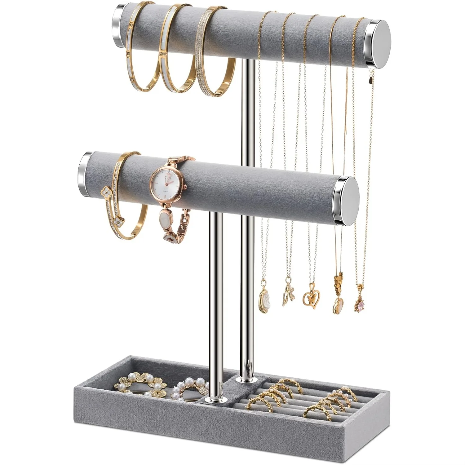

Двухуровневая подставка для браслетов - съемный Т-образный держатель из серого бархата, органайзер для украшений: браслетов, ожерелий, серег, колец