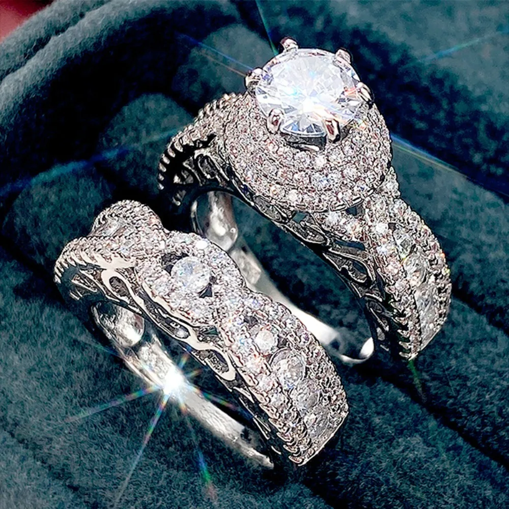 2pcs Set Luxury Temperament Super Flash Double-layer Micro-inlay High Quality 5A Zircon Ring Set for Women Bride Wedding Jewelry