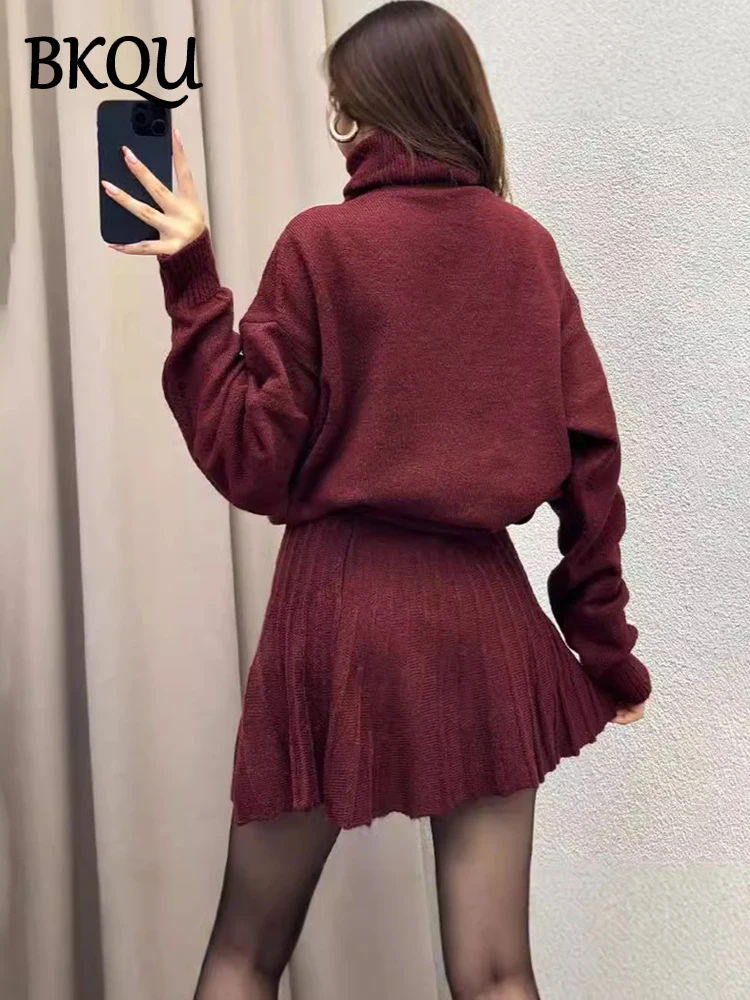 BKQU Solid Turtleneck Sweater Fashion Loose Pleated Mini Skirt Matching Set Female Streetwear Knitted Casual Lady 2 Pieces Set