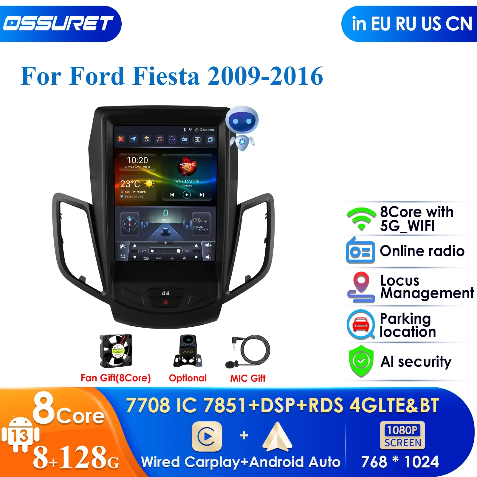 Android 13 Car Radio for Ford Fiesta 2009 -2016 Tesla Style Multimedia Video Player Carplay Auto 4G DSP Autoradio 10.33'' Screen