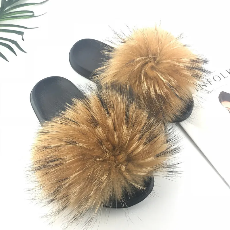 Women Raccoon Fur Slides Slippers Open Toe Slip On Flat Indoor Plush Slippers Home Bedroom Fuzzy Casual Outdoor Comfy Sandle