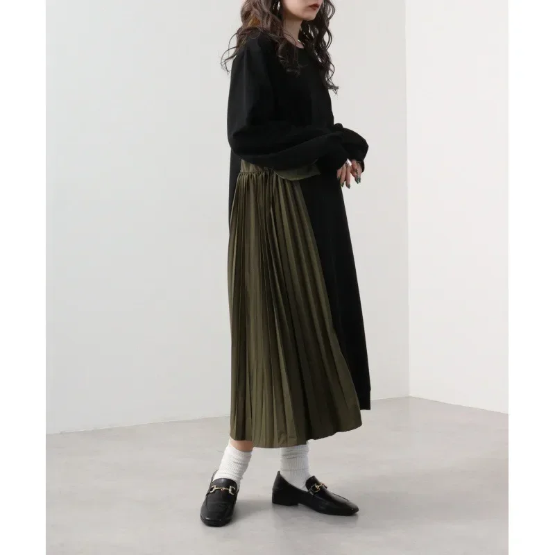 Contrast Color Pleated Vestidos Mujer Long Sleeve Women Dresses Round Neck Dress Japan Style Vestido 2024 Autumn New Robes