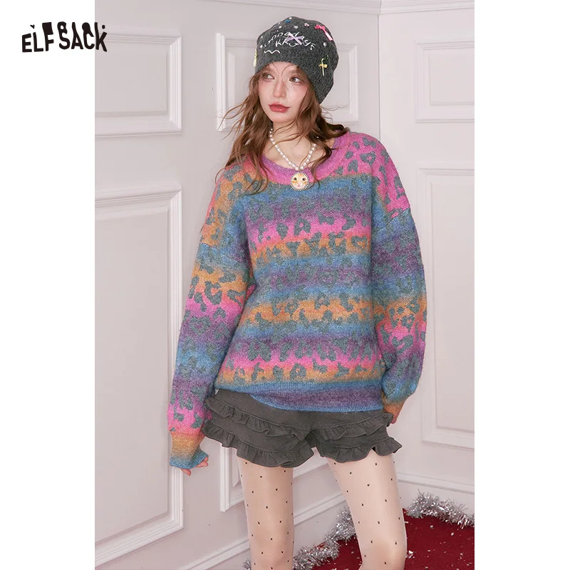 ELFSACK Women's Leopard Gradient Pullover Sweater Loose Fit Round Neck Punk Street Winter Wool Blend Winter Knitwear