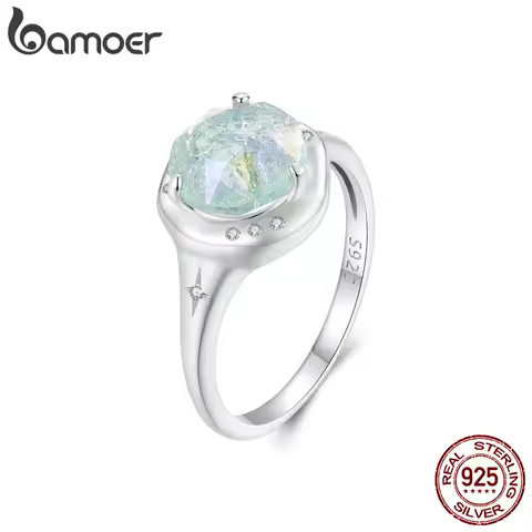 BAMOER Retro Design Round Shape 925 Sterling Silver Solitaire Promise Ring, White Gold Plated Engagement Ring for Women SCR1025