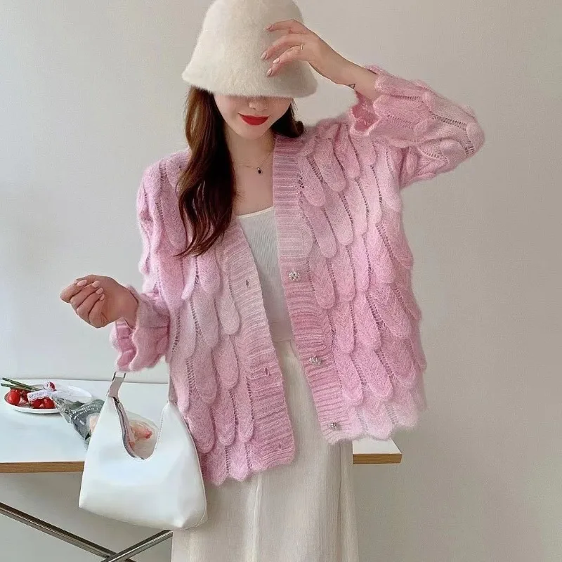Women's Autumn Winter Cardigan Knitted Sweater Jacket Printed Button Gradient Loose Ambient Personalized Niche Retro New Design