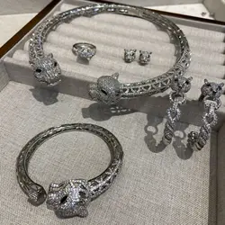 Women Exaggerated Full Diamond Leopard Cut-out Bracelet Ring Female Jaguar Necklace Stud Earrings 2025