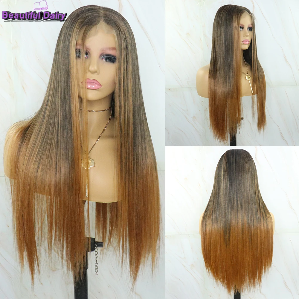 Perruque Lace Front Wig synthétique lisse et longue – Beautiful, perruque en Fiber de haute température Blonde ombrée noire pour femmes