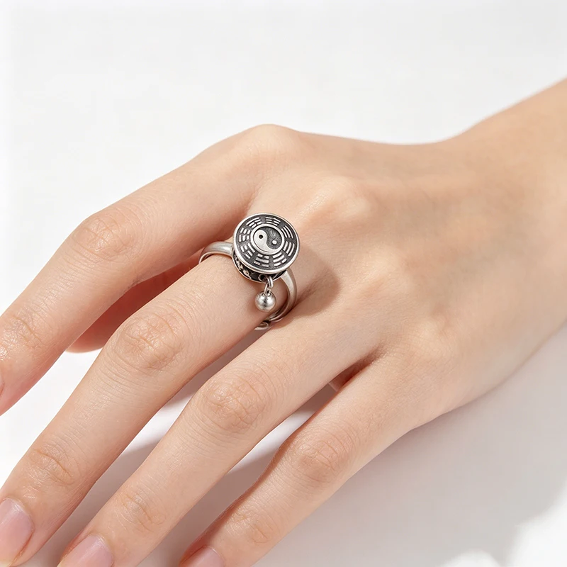 Rotating Fidget Tai Chi Gossip Pattern Spinner Ring Anti Anxiety Knuckle Jewelry Men Vintage Relief Stress Ring Gift Accessories