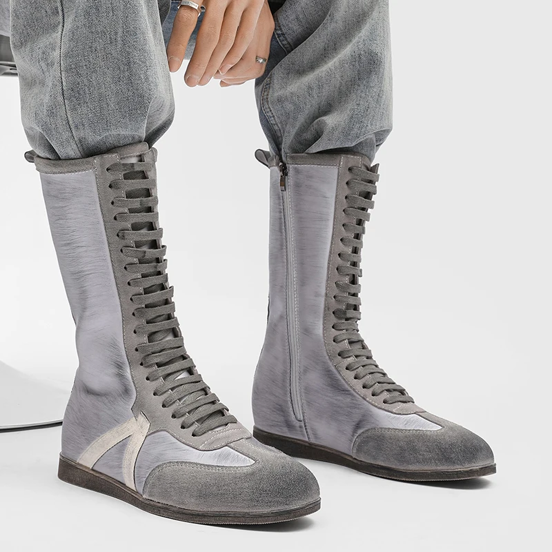 High Quality Spliced Men High Top Boots with Front Strap Side Zipper Flat Bottom Niche Design Youth Western Trend Boots