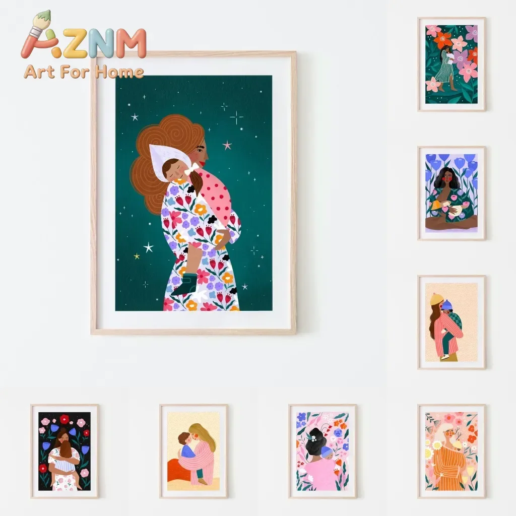 Motherhood Art Print Canvas Painting Young Mum Poster Maternal Love Floral Illustration Nursery Kids Room Decoration