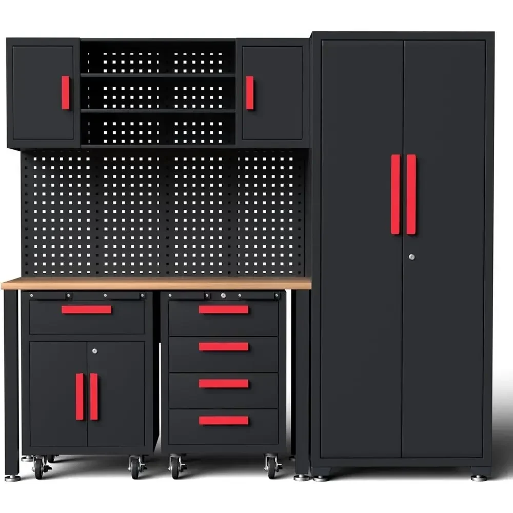 6-Piece Garage Storage System: Complete Workshop Set with Steel Cabinets, Workbench, and Tool Organization Solutions
