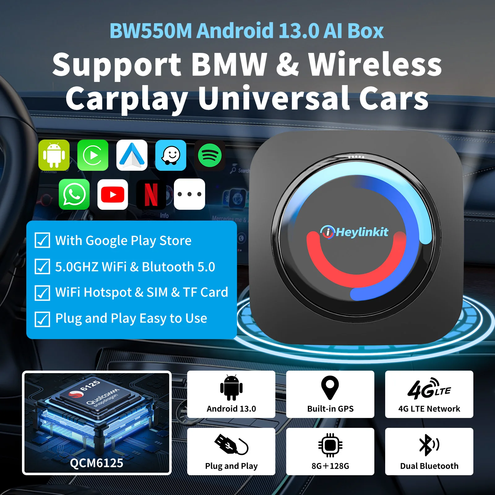 iHeylinkit BW550M Smart Ai Box Android13.0 QCM6125 Wireless CarPlay Adapter Android Auto Unterstützung Google Play Videospiel Software