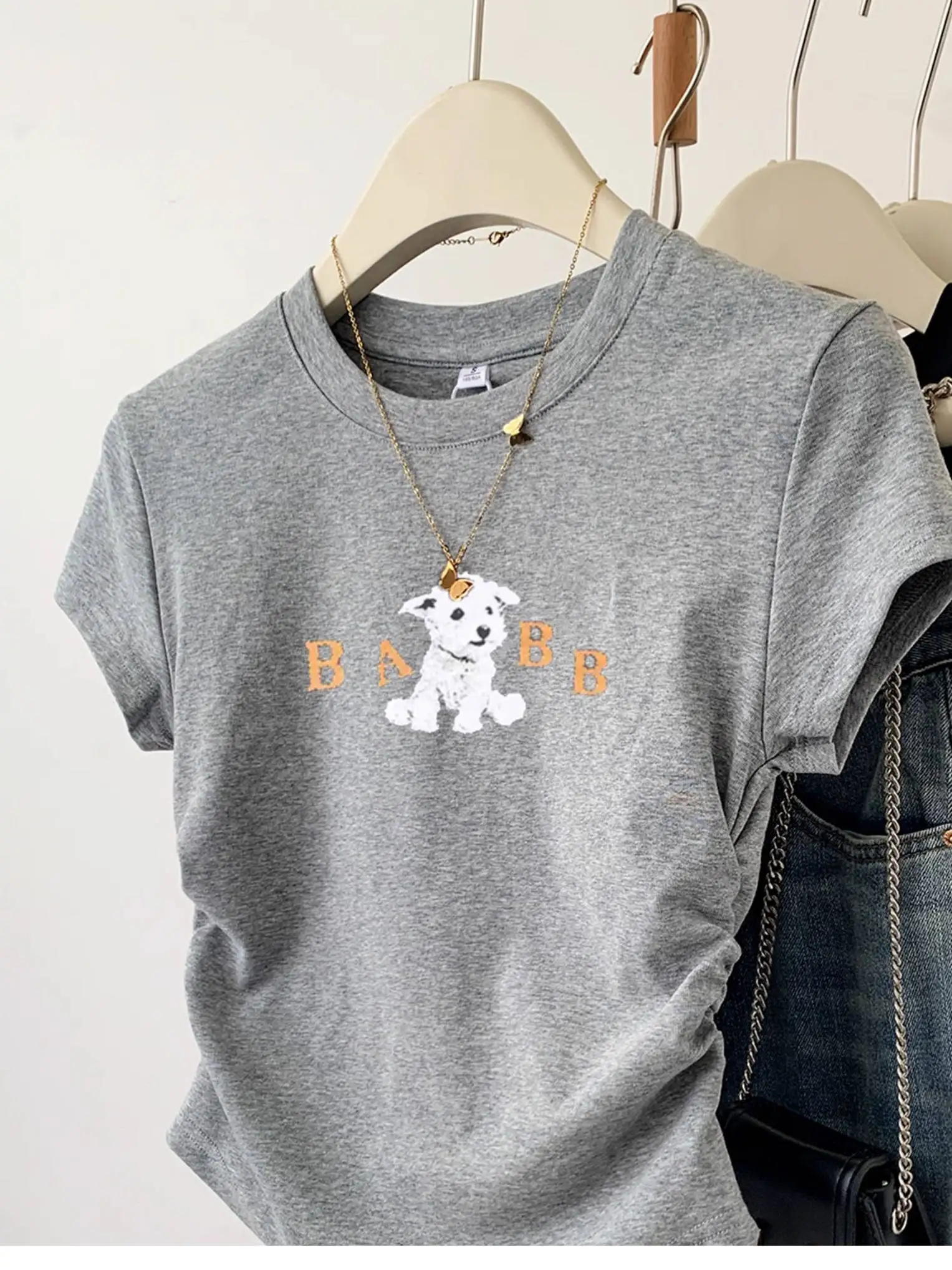 Camiseta Feminina de Verão com Estampa de Cachorro, Ajuste Slim, Cintura Ajustada, Estilo Fashion, Top Fresco