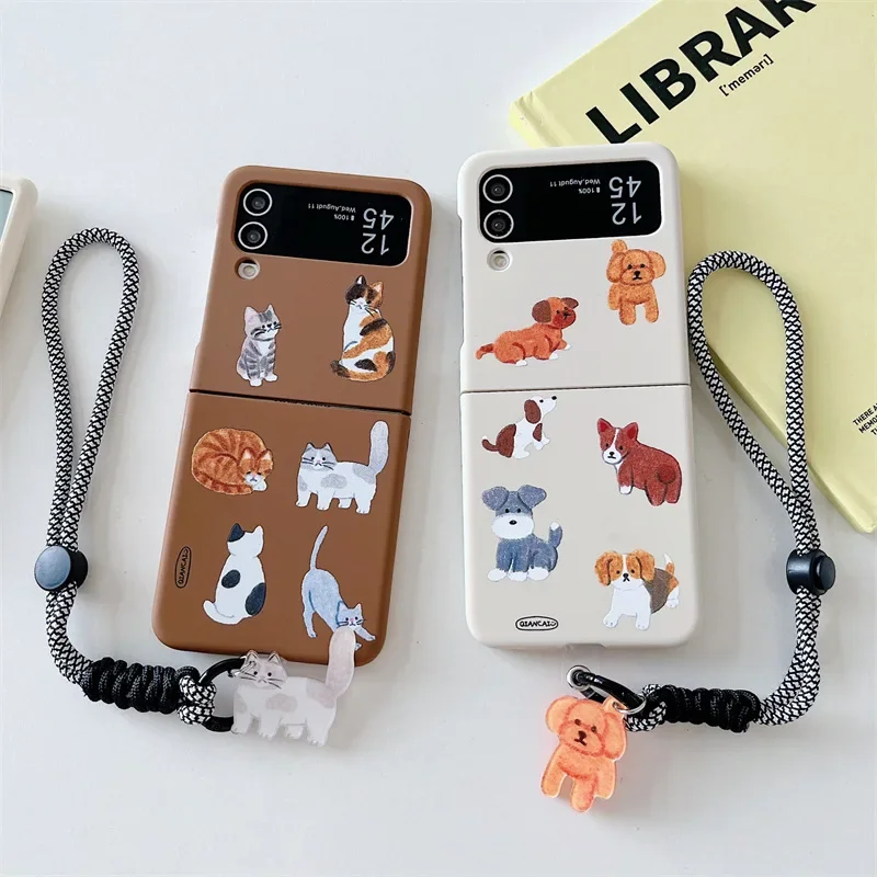 Cartoon Hand Drawn Cat Puppy Phone Case for Samsung Galaxy Z Flip6 4 3 Hard Cover for ZFlip5 Flip3 Zflip4 Solid Shell Bracket