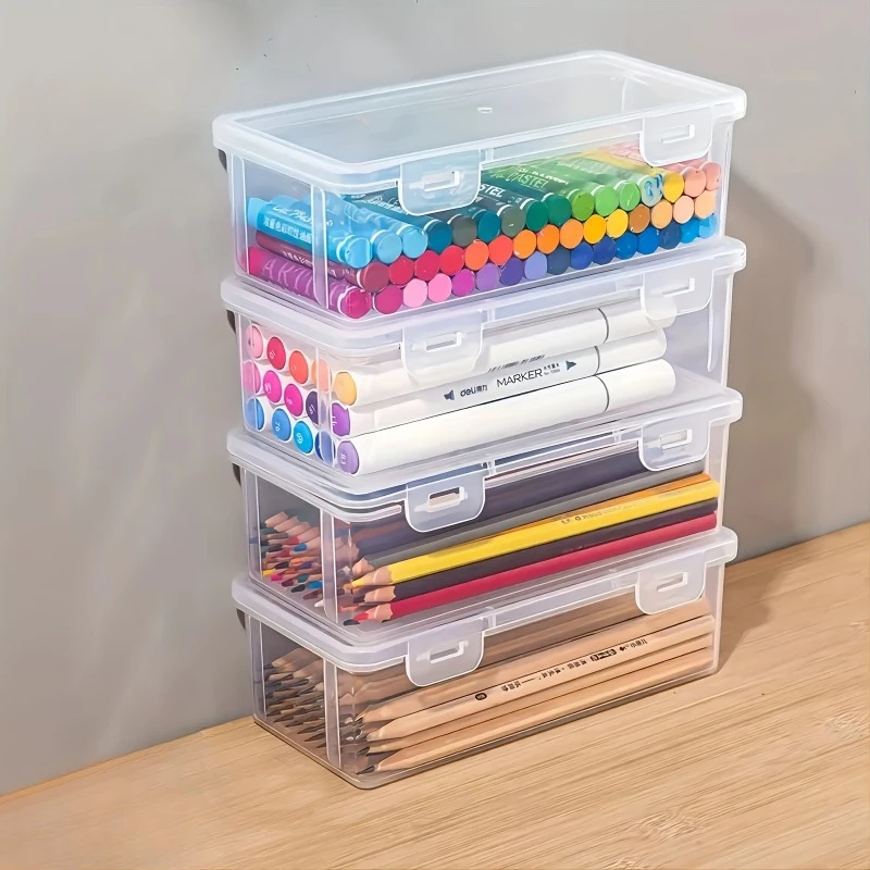 2pcs Large Capacity Transparent Plastic Pencil Boxes, Portable Tension Mount Storage Organizer for Oil Pastels, Crayons