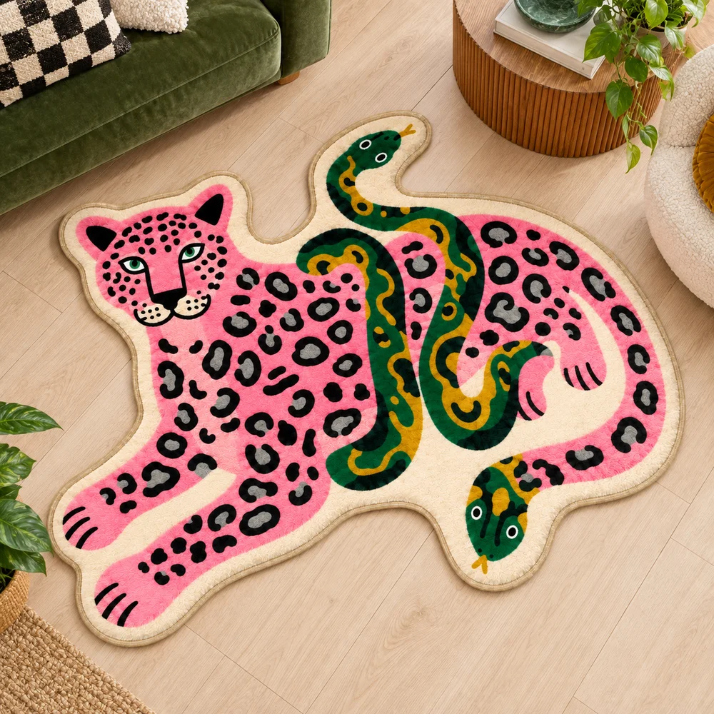 Pink Leopard and Snake Shaped Flannel Floor Mat Wild Animal Rug for Living Room Bedroom Entryway Home Decor Gift Apartment