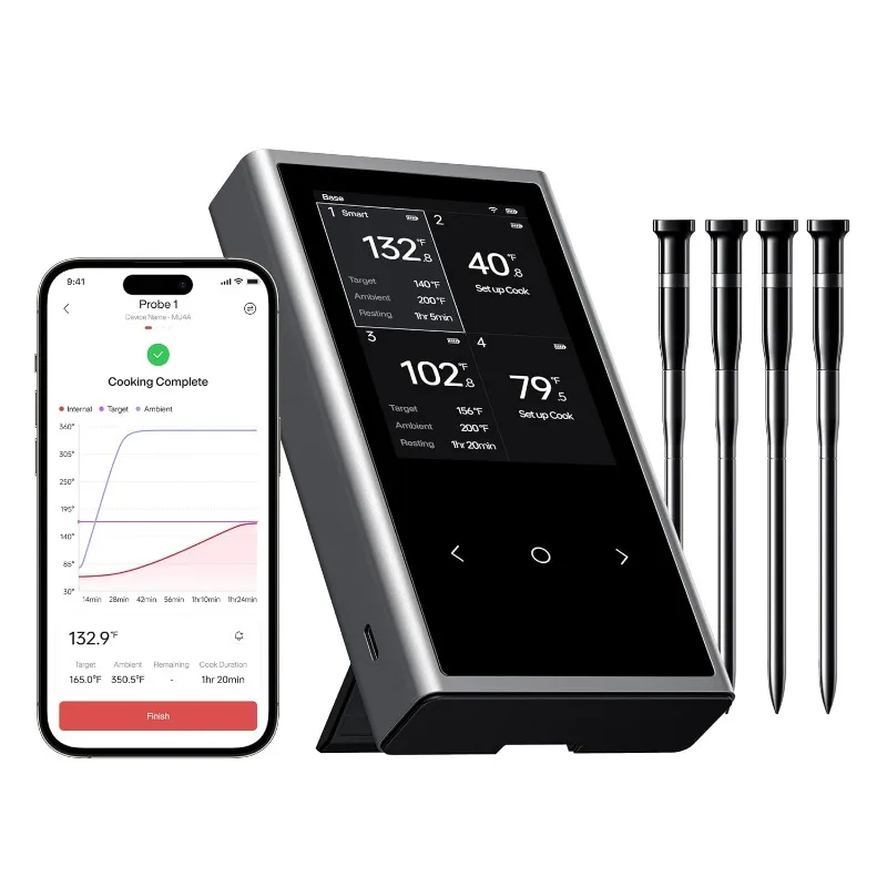 Wireless Meat Thermometer Quad | 4 Probes | 6 Sensors | LCD Display , WiFi and Bluetooth 5.3 , Improved Stability and Range